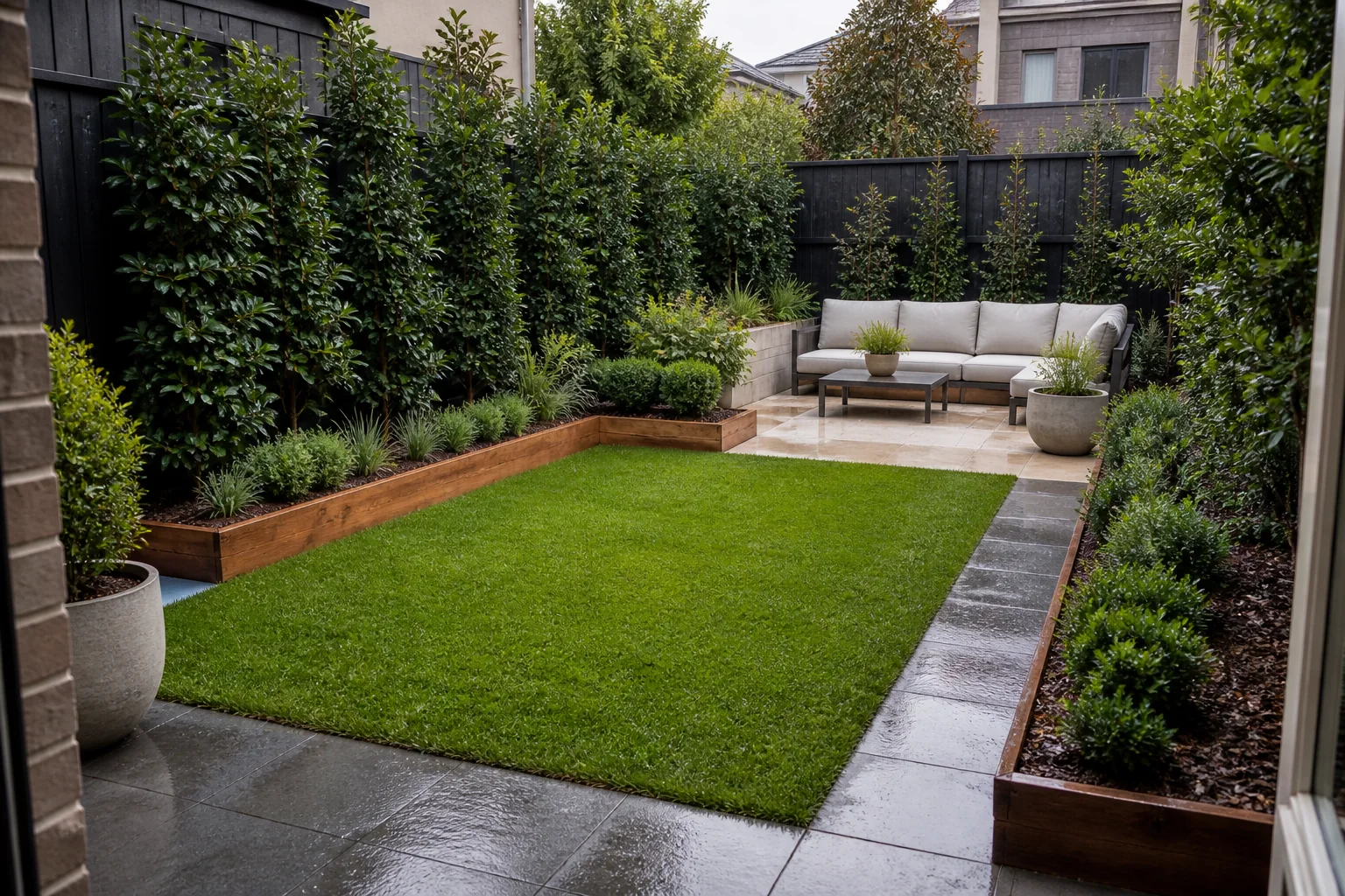 Modern compact backyard with fresh turf and structured planting