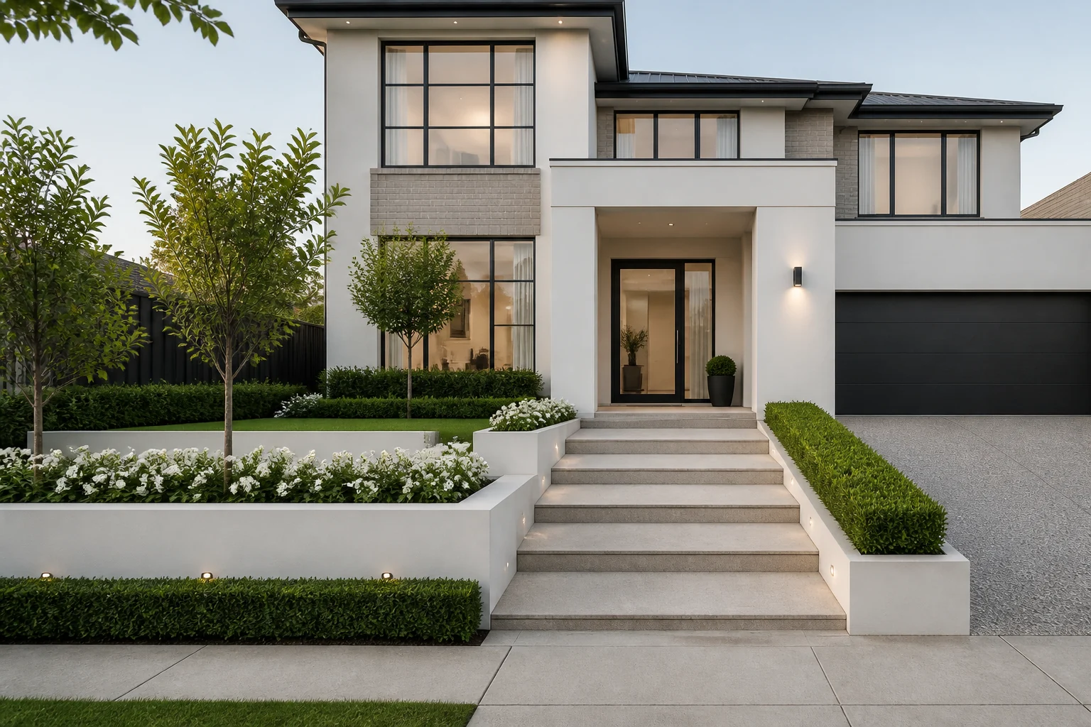 Illustrative modern Melbourne new-build front yard after landscaping
