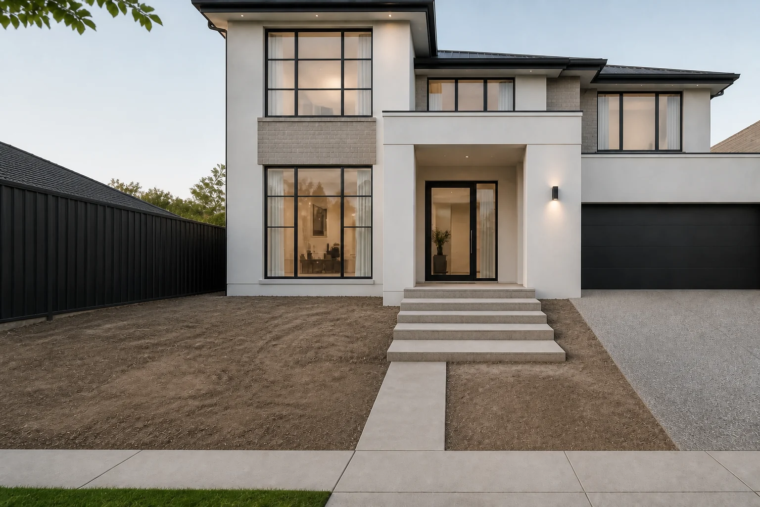 Illustrative modern Melbourne new-build front yard before landscaping